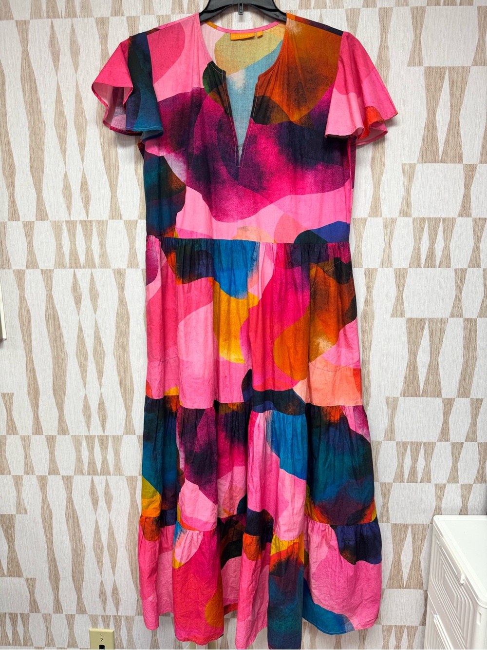 Oliphant Tuckernuck vneck short sleeve maxi dress watercolor rainbow L